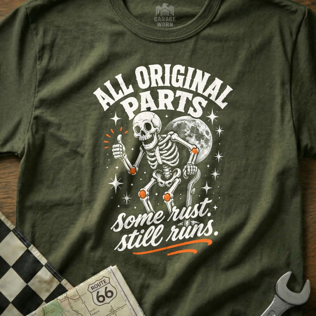 Skeleton giving thumbs up with text "All Original Parts, Some Rust. Still Runs."