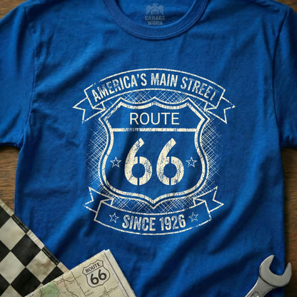 Blue t-shirt with Route 66 emblem "America's Main Street Since 1926".