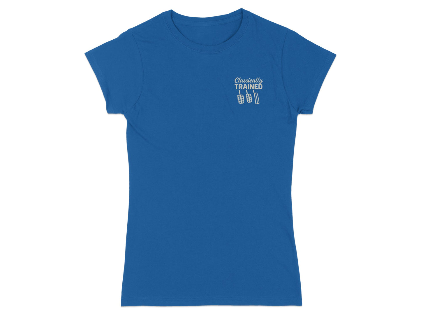 Blue t-shirt with "Classically TRAINED" and barbell graphic on chest.