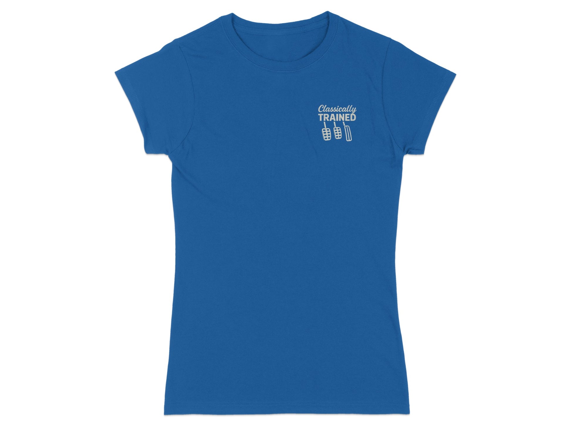 Blue t-shirt with "Classically TRAINED" and barbell graphic on chest.