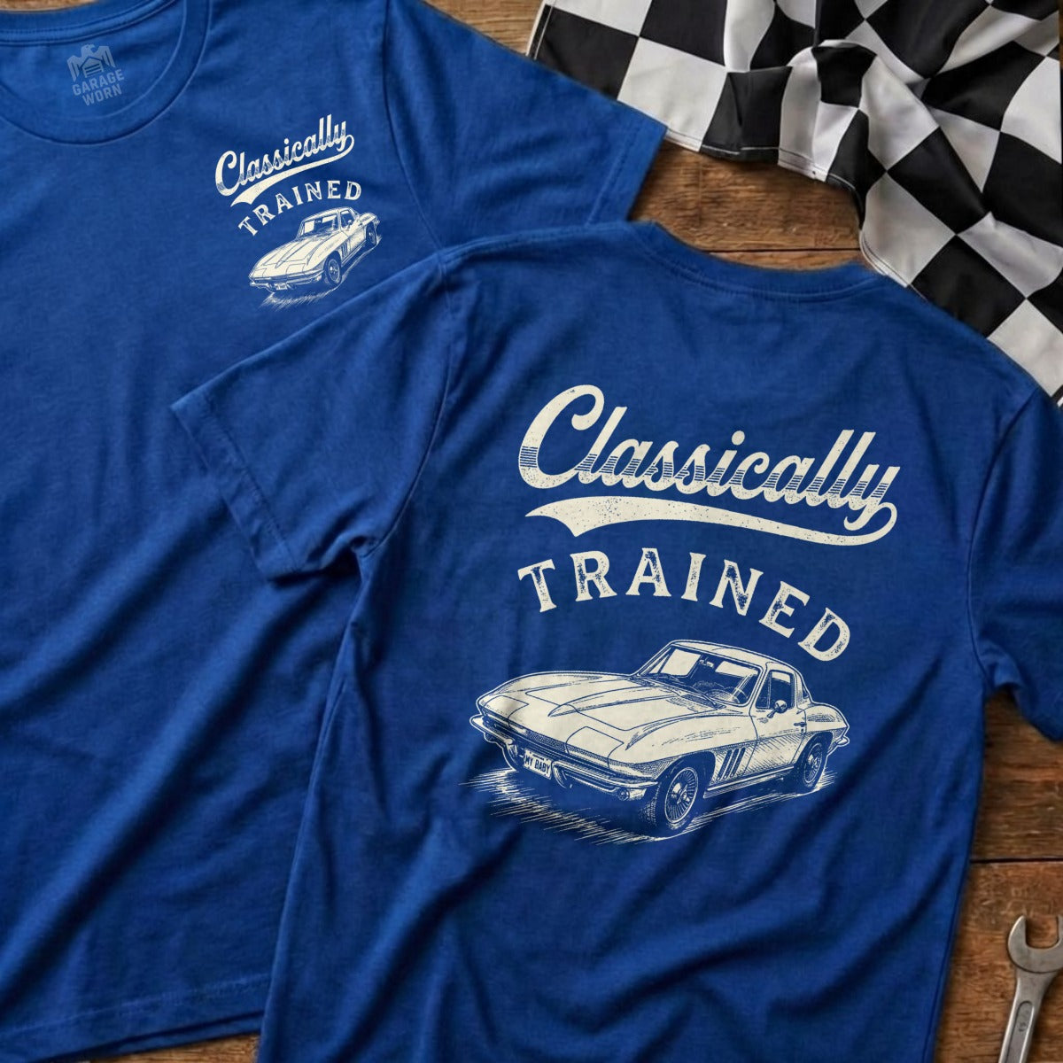 Blue t-shirts with "Classically Trained" text and a vintage car graphic.