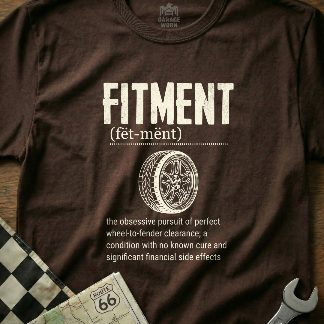 Brown t-shirt with "FITMENT" and definition, plus Route 66 and wheel graphics.