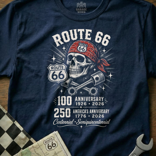 Skull with bandana, pistons, and Route 66 logos, indicating anniversaries.