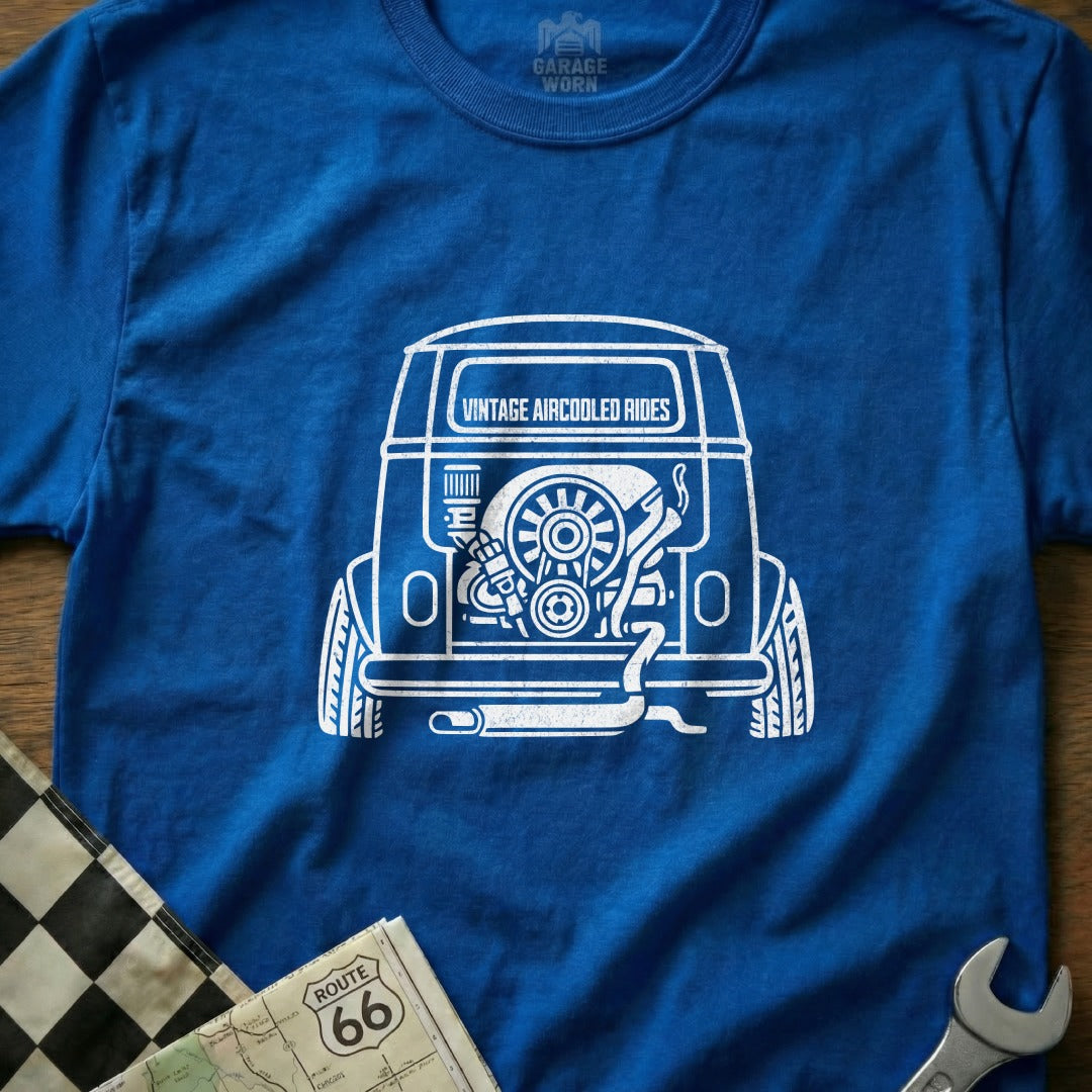 Blue t-shirt with "Vintage Aircooled Rides" graphic of a rear engine compartment.