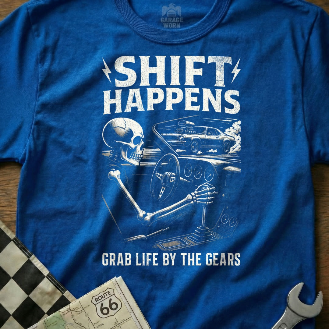 Shift Happens Skeleton Driving Graphic T-Shirt