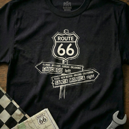 T-shirt with Route 66 signpost pointing to Chicago and Santa Monica.