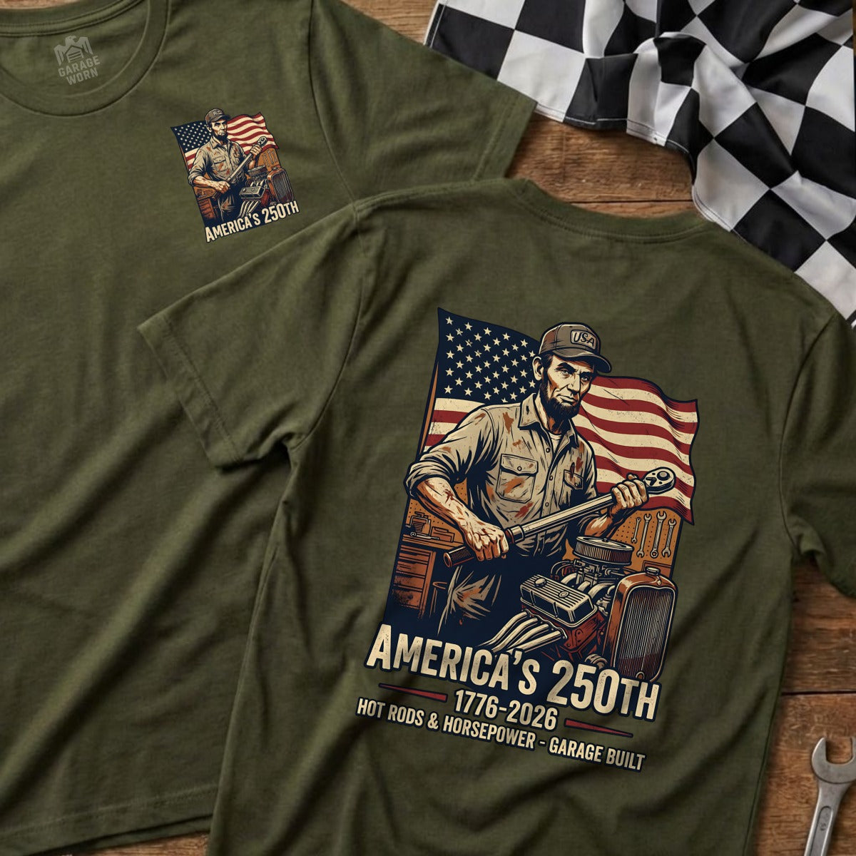 T-shirt with American flag, Abraham Lincoln, and hot rod engine, reads "America's 250th".