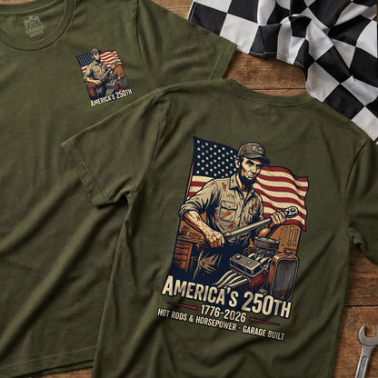T-shirt with American flag, Abraham Lincoln, and hot rod engine, reads "America's 250th".