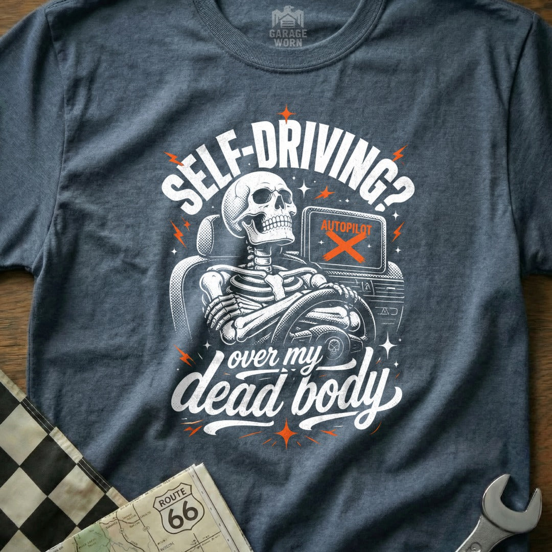 Skeleton driving with "Self-driving? Over my dead body" text and "AUTOPILOT" display.