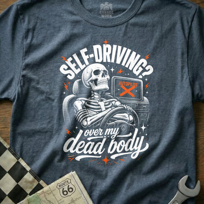 Skeleton driving with "Self-driving? Over my dead body" text and "AUTOPILOT" display.