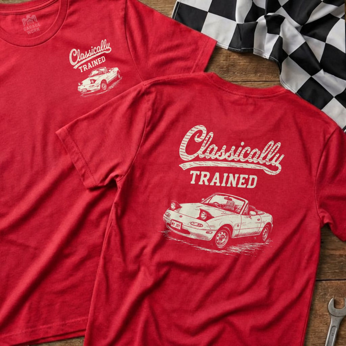 Red t-shirt with "Classically Trained" text and white Mazda Miata graphic.