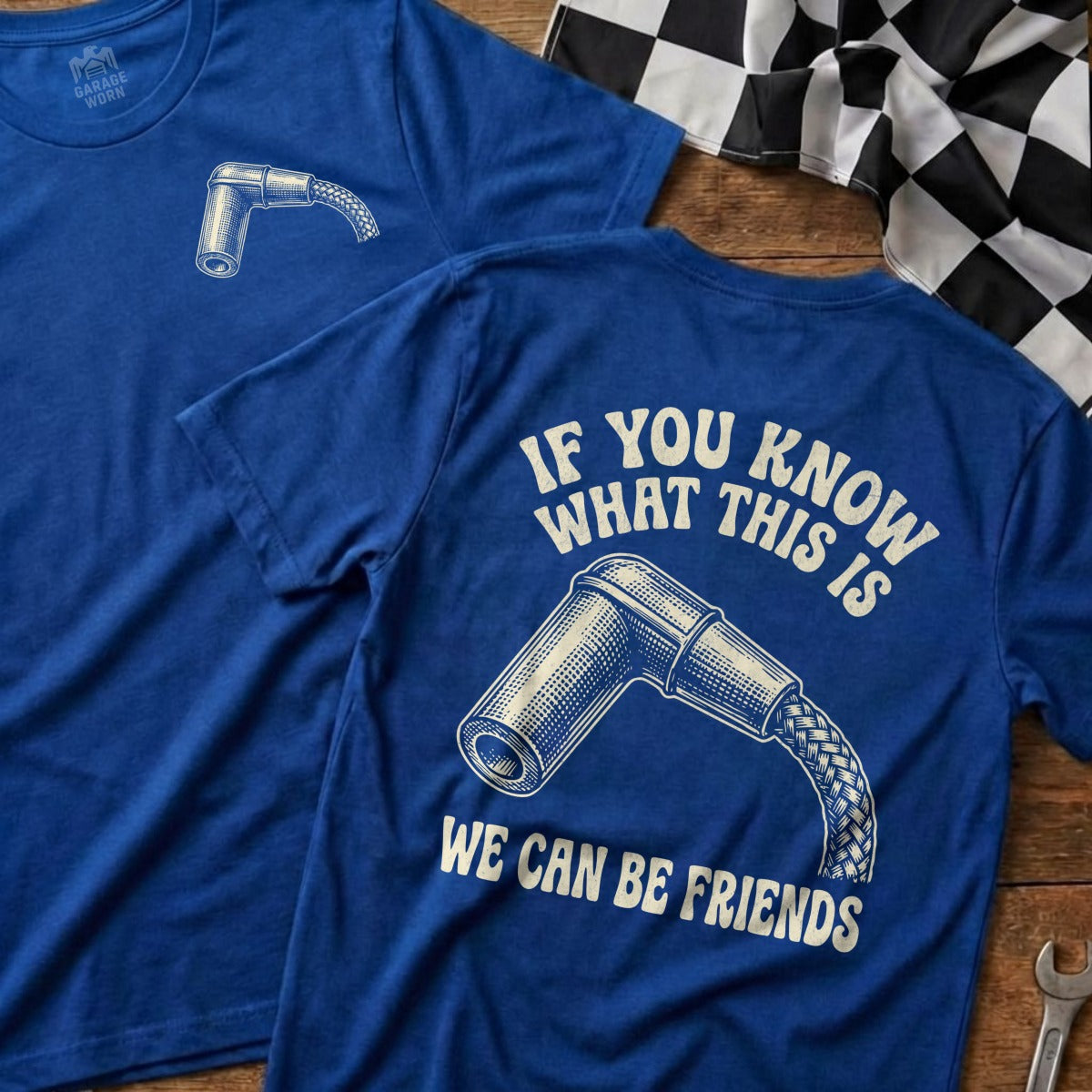 Blue t-shirt with spark plug graphic and "We can be friends" text.