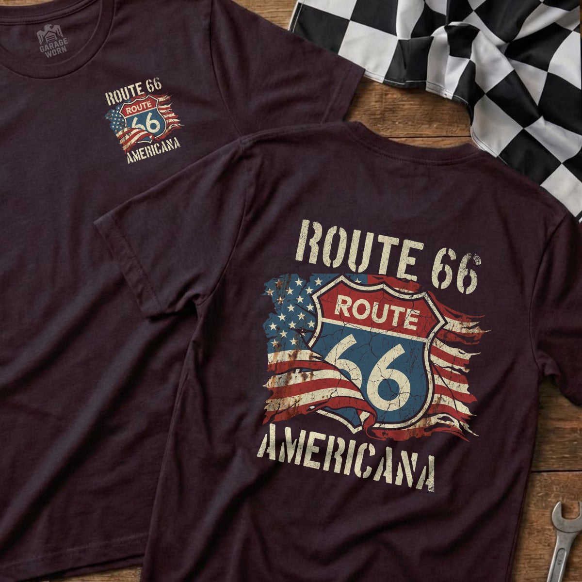 Route 66 Americana graphic on maroon t-shirt, with American flag distressed design.