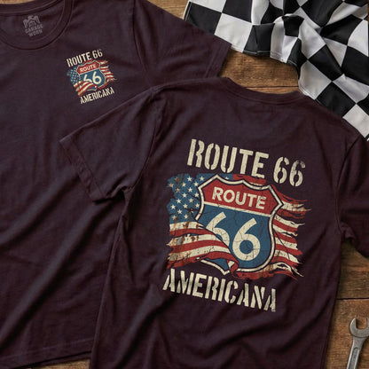 Route 66 Americana graphic on maroon t-shirt, with American flag distressed design.