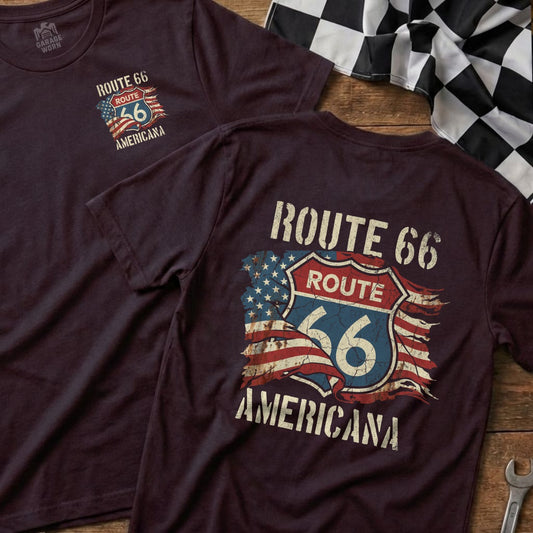 Route 66 Americana graphic on maroon t-shirt, with American flag distressed design.