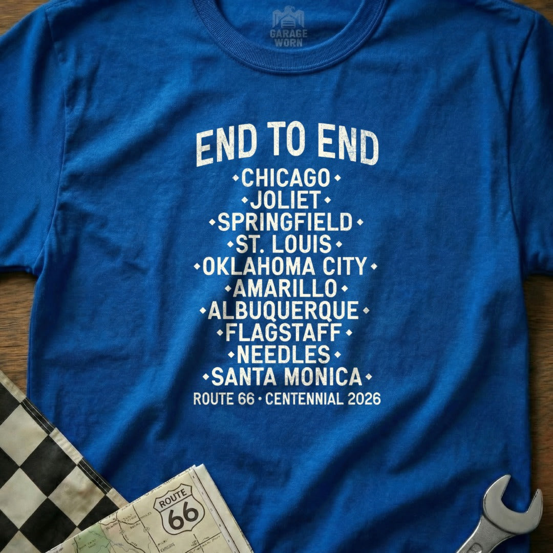 Blue t-shirt with Route 66 "End to End" destinations and Centennial 2026.