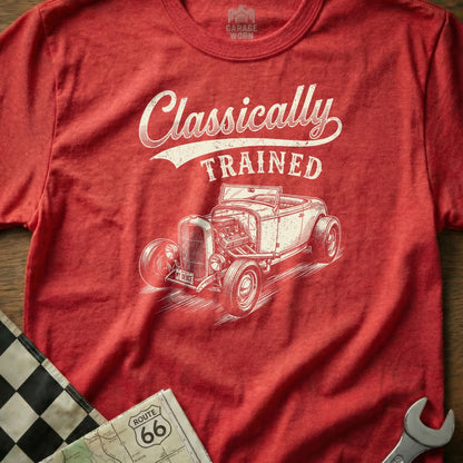 Red t-shirt with "Classically Trained" and a hot rod graphic.