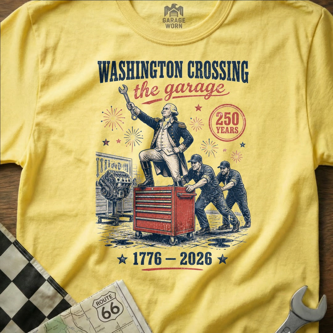 George Washington holding wrench atop toolbox, mechanics push, 1776-2026.