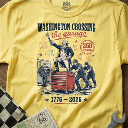 George Washington holding wrench atop toolbox, mechanics push, 1776-2026.