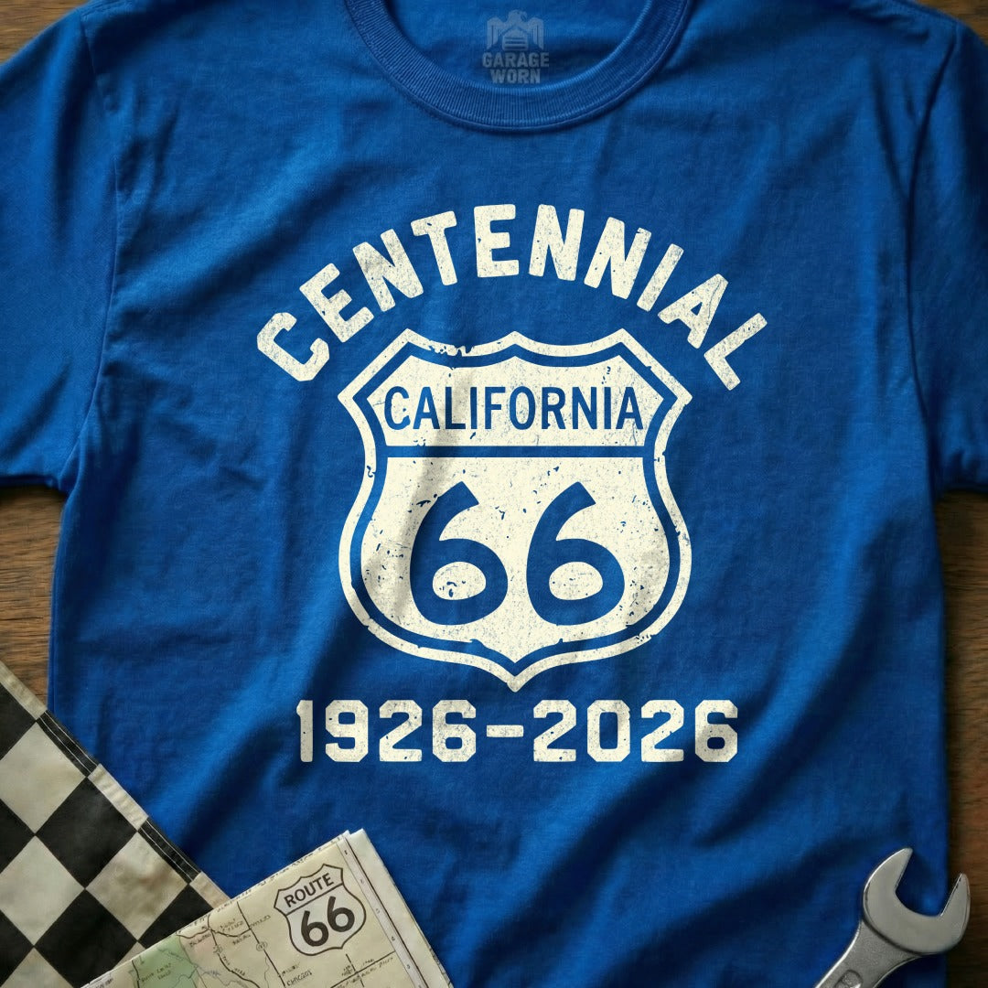 Blue t-shirt with Centennial Route 66 California 1926-2026 emblem.