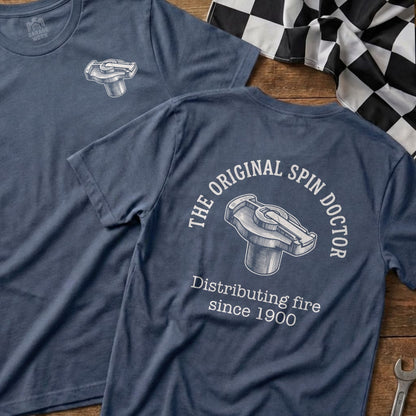 Two blue t-shirts featuring a distributor cap graphic and text.