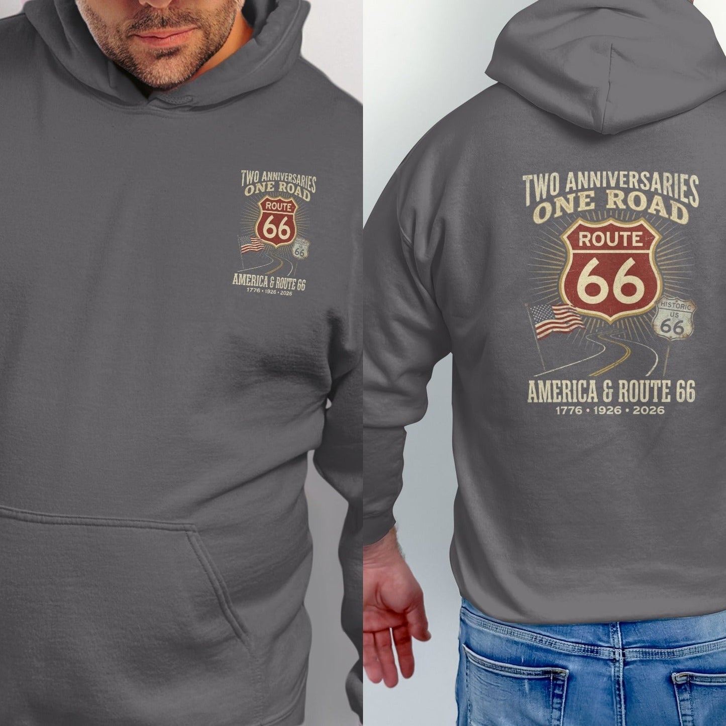 Dark gray hoodie with Route 66 graphic and dates 1776, 1926, 2026.