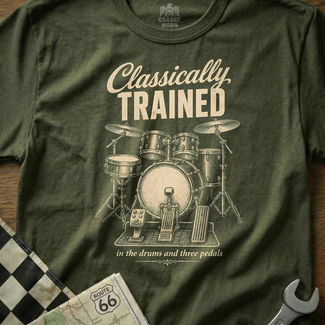 Drum kit with "Classically Trained" and "in the drums and three pedals" text.