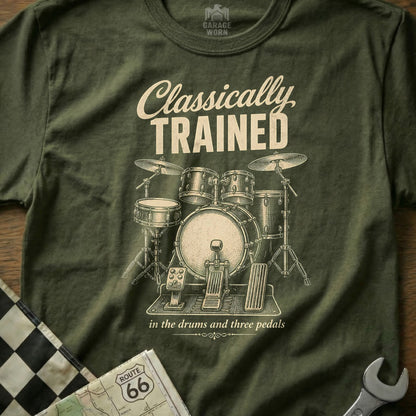 Drum kit with "Classically Trained" and "in the drums and three pedals" text.