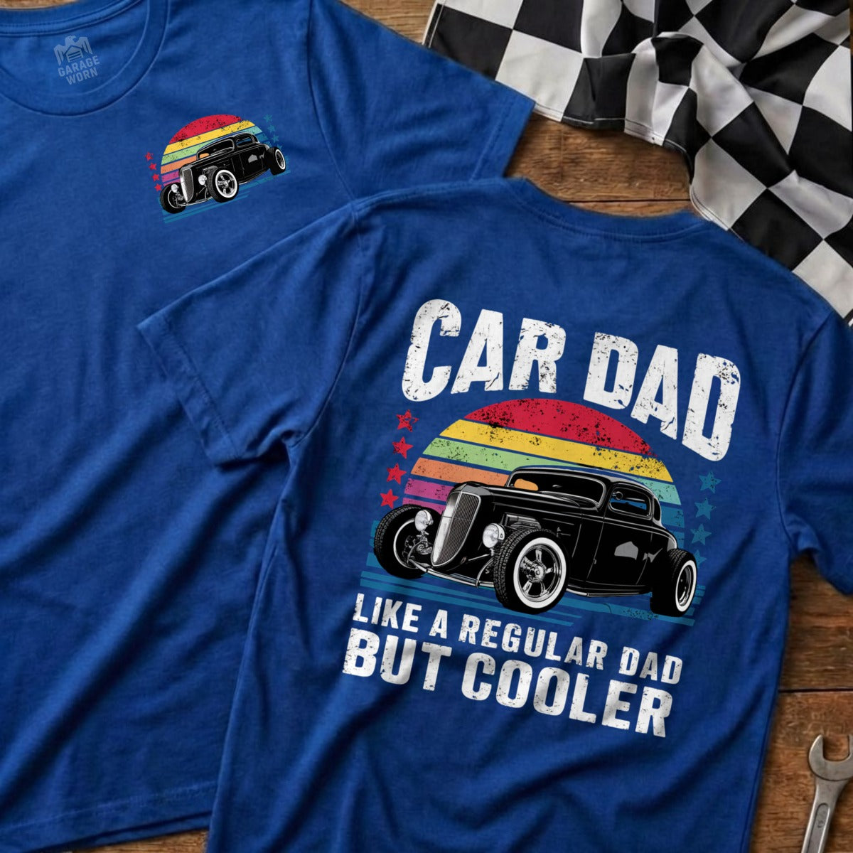Blue t-shirt with a hot rod graphic and "CAR DAD LIKE A REGULAR DAD BUT COOLER" text.