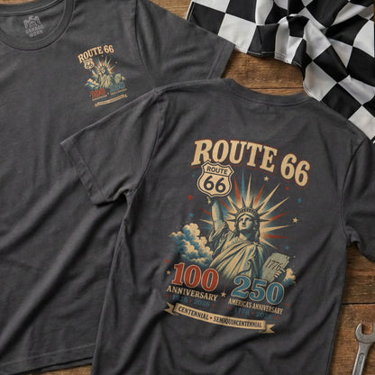 Gray shirt featuring Route 66 logo, Statue of Liberty, and anniversary dates.