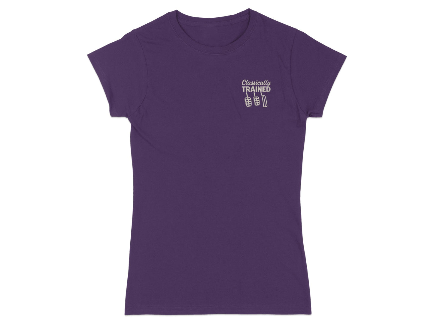 Purple t-shirt with "Classically TRAINED" text and barbell weights logo.