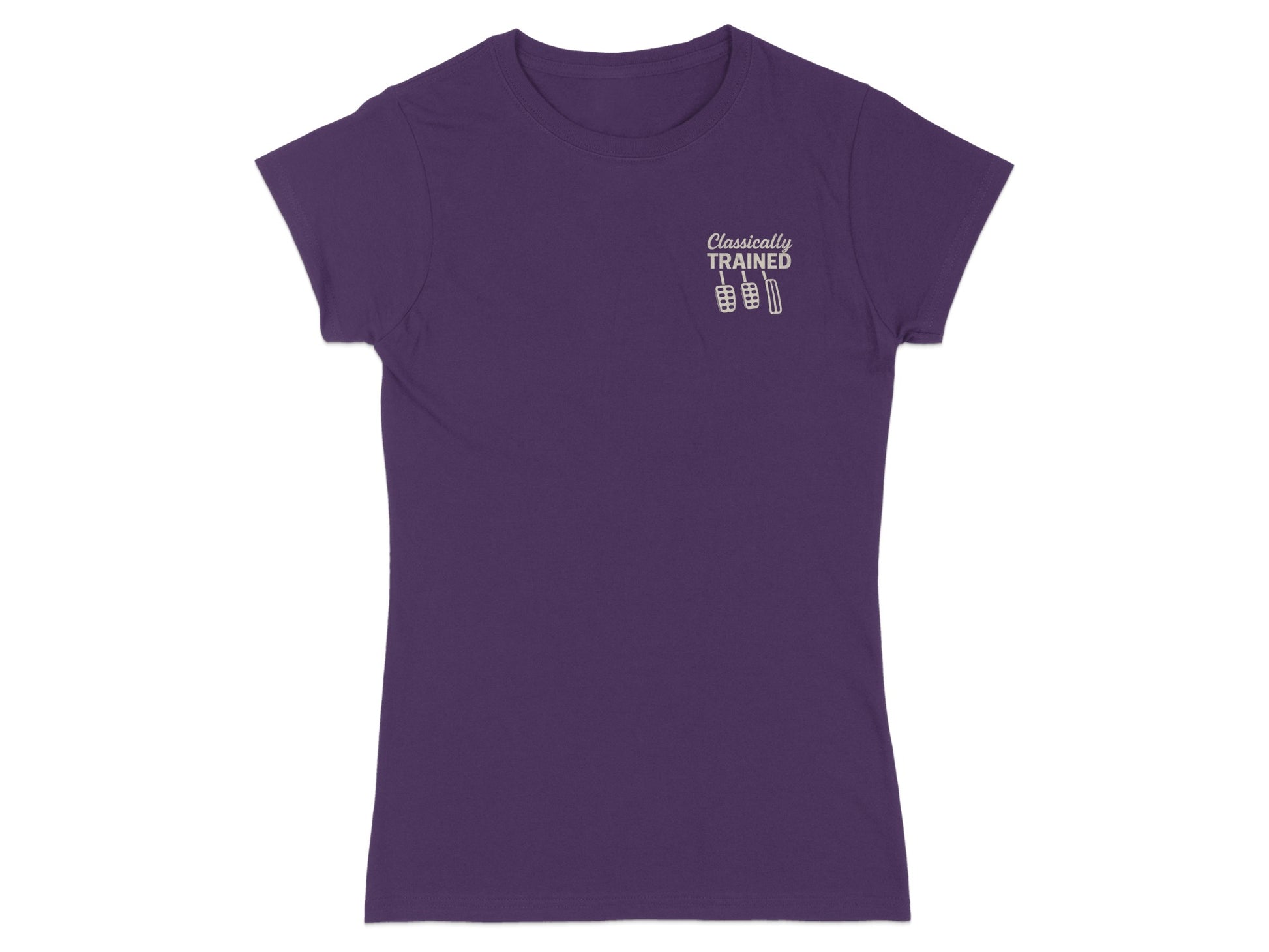 Purple t-shirt with "Classically TRAINED" text and barbell weights logo.