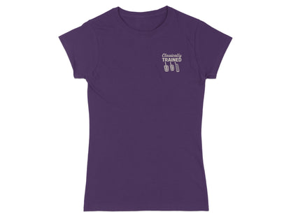 Purple t-shirt with "Classically TRAINED" text and barbell weights logo.