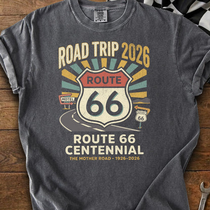 T-shirt graphic with "Road Trip 2026 Route 66 Centennial" text and vintage signs.