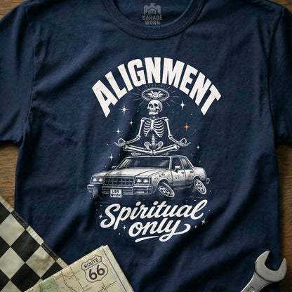 Navy t-shirt with skeleton meditating on a car, "ALIGNMENT Spiritual only" text.