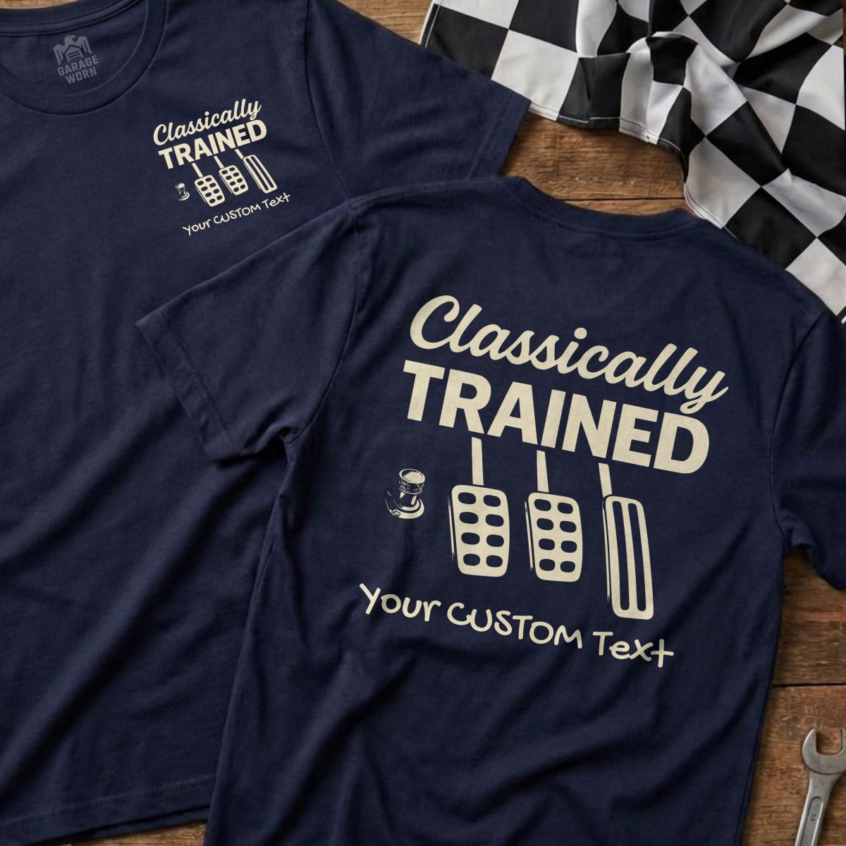 Navy t-shirts with "Classically Trained" and three pedals design.