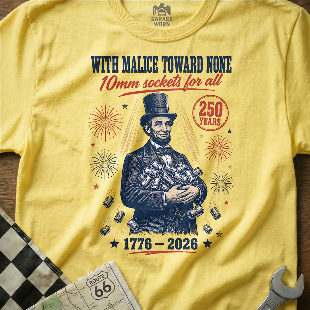 Abraham Lincoln holds 10mm sockets on a yellow t-shirt with "250 Years" and "1776-2026".