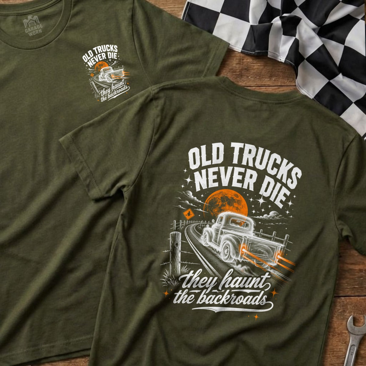 Green t-shirt with "Old Trucks Never Die" and a vintage truck on a backroad.