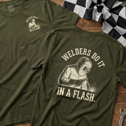 Green t-shirts with "Welders Do It In A Flash" text and welder graphic.