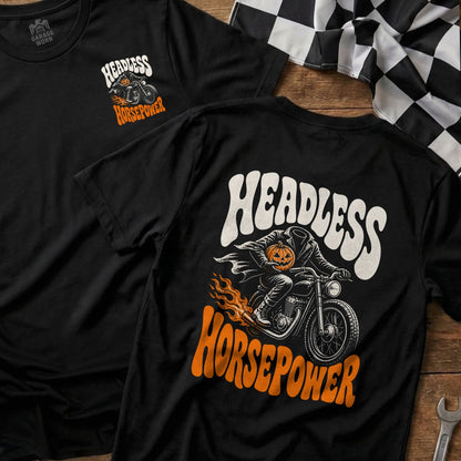 Black t-shirt with "Headless Horsepower" graphic featuring a pumpkin-headed rider on a motorcycle.