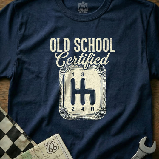 Navy t-shirt with "Old School Certified" and a vintage gear shift graphic.