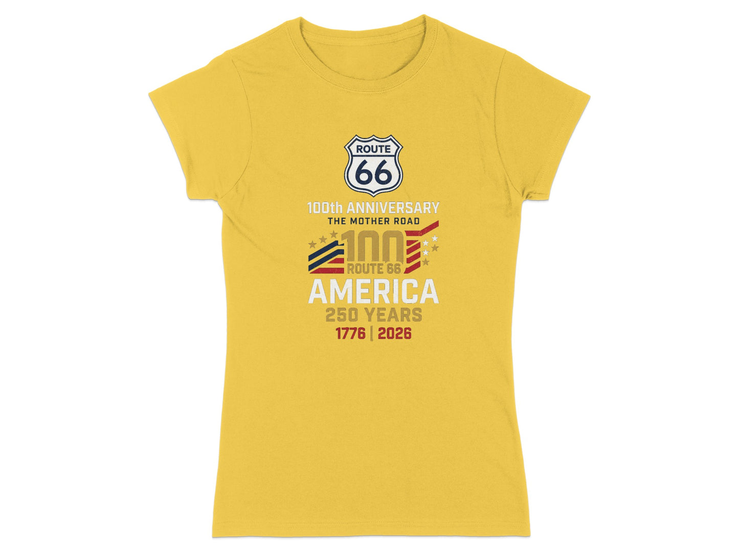Yellow t-shirt with Route 66 100th Anniversary America 250 Years design.
