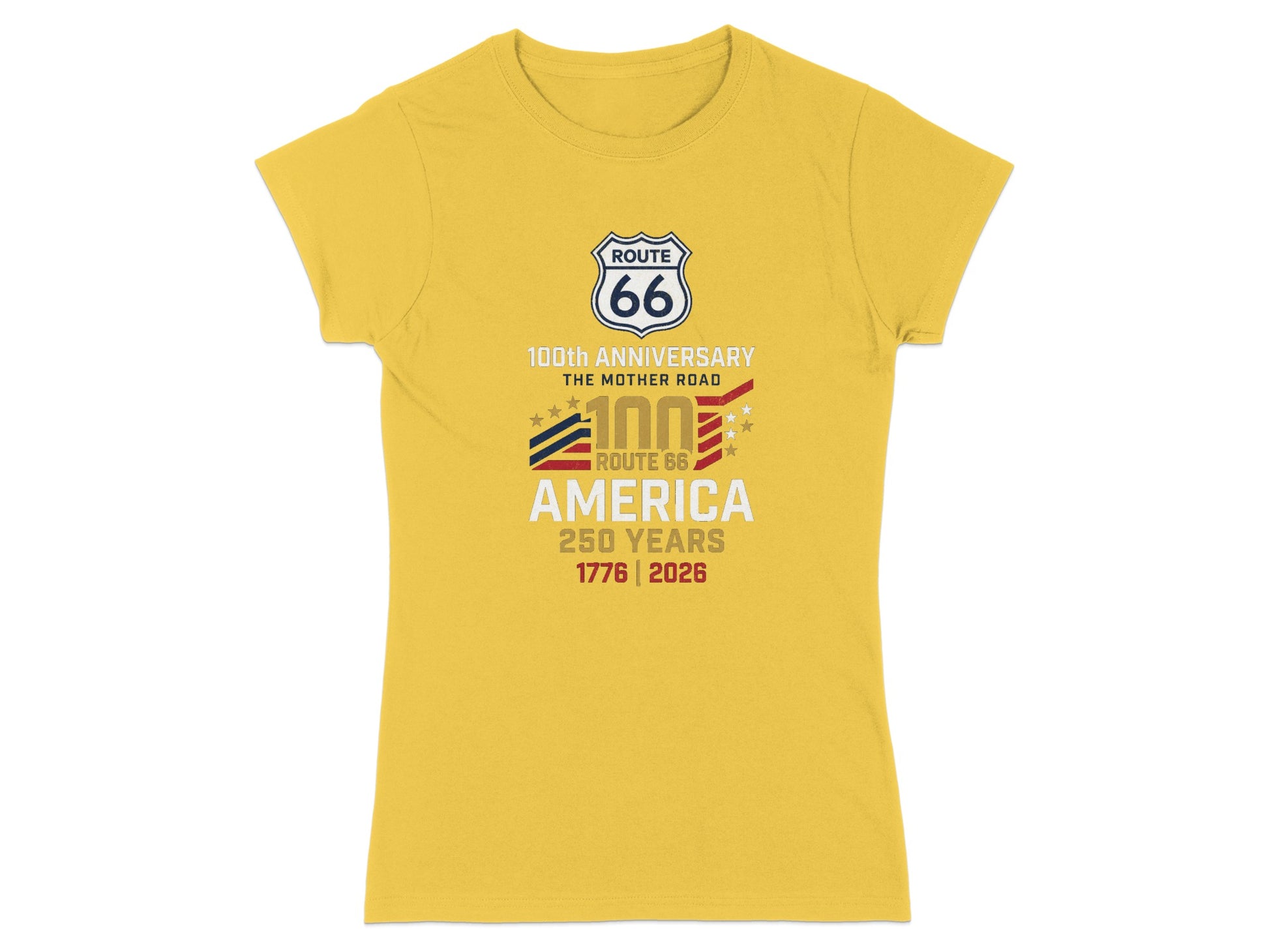 Yellow t-shirt with Route 66 100th Anniversary America 250 Years design.