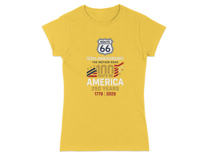 Yellow t-shirt with Route 66 100th Anniversary America 250 Years design.