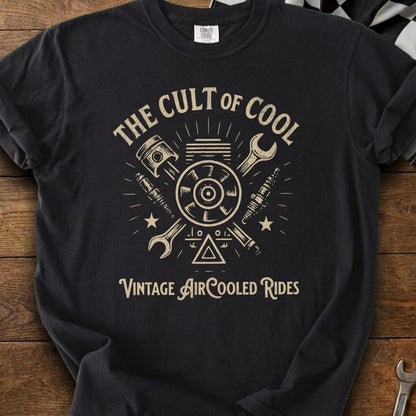 Black t-shirt with "The Cult of Cool Vintage Air-Cooled Rides" text and engine parts graphic.