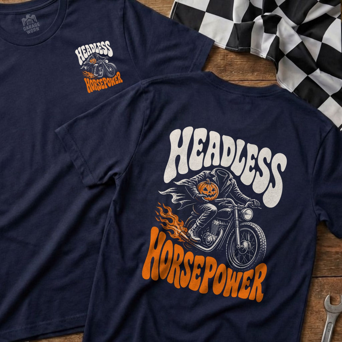 Navy t-shirt with "Headless Horsepower" text and a pumpkin-headed rider on a motorcycle.