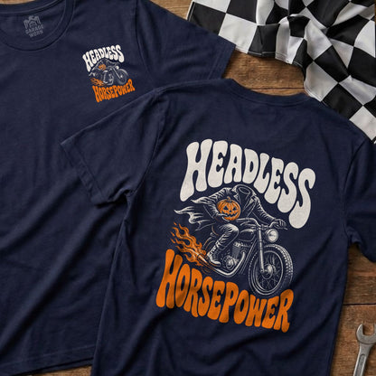 Navy t-shirt with "Headless Horsepower" text and a pumpkin-headed rider on a motorcycle.