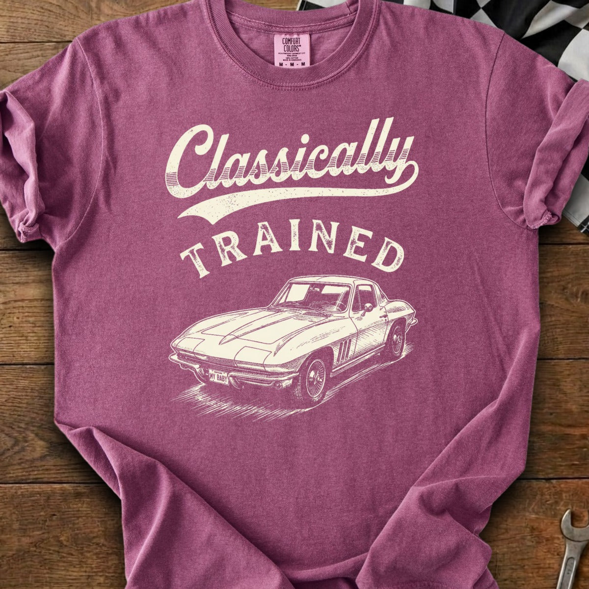 Berry t-shirt with "Classically TRAINED" and a vintage car graphic.