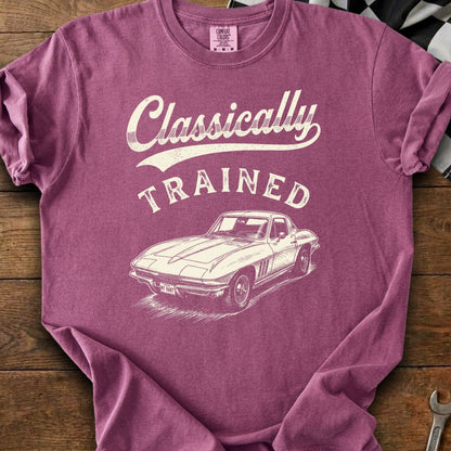 Berry t-shirt with "Classically TRAINED" and a vintage car graphic.