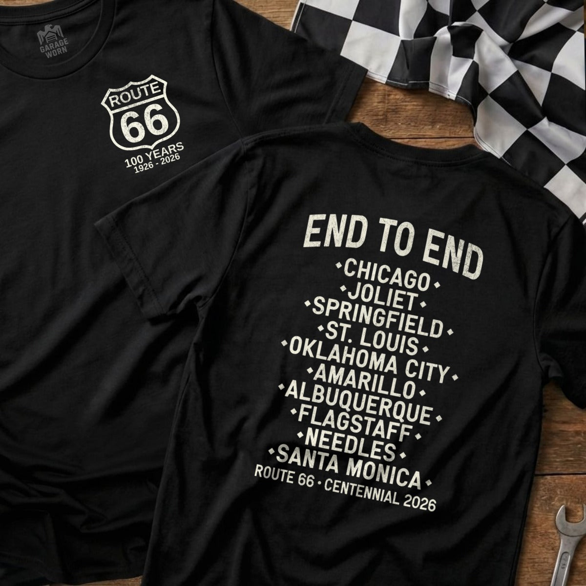 Black t-shirt with Route 66 logo and "End to End" list of cities.